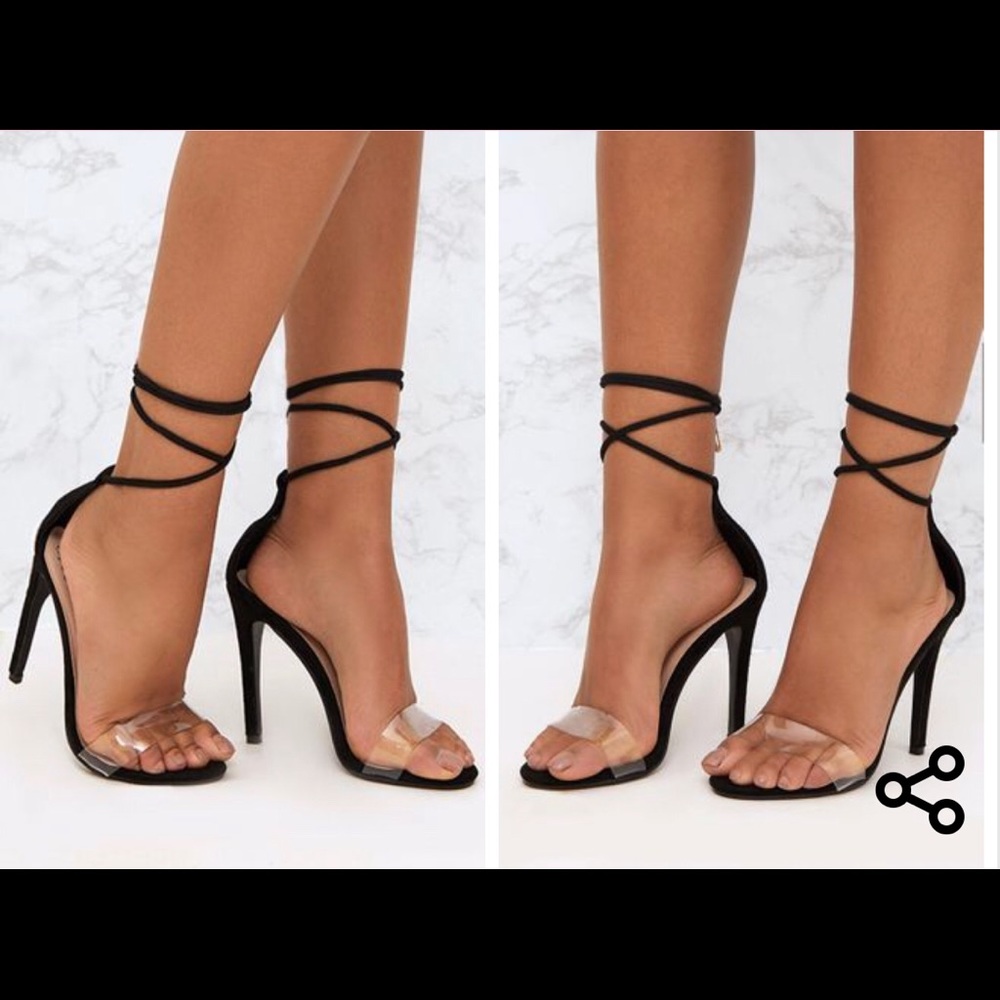 Black clear strap ankle tie heels/sandals
